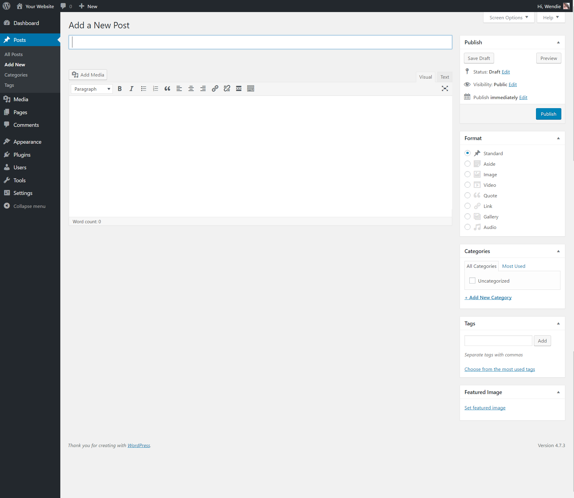 The 'New Post' page in the admin dashboard