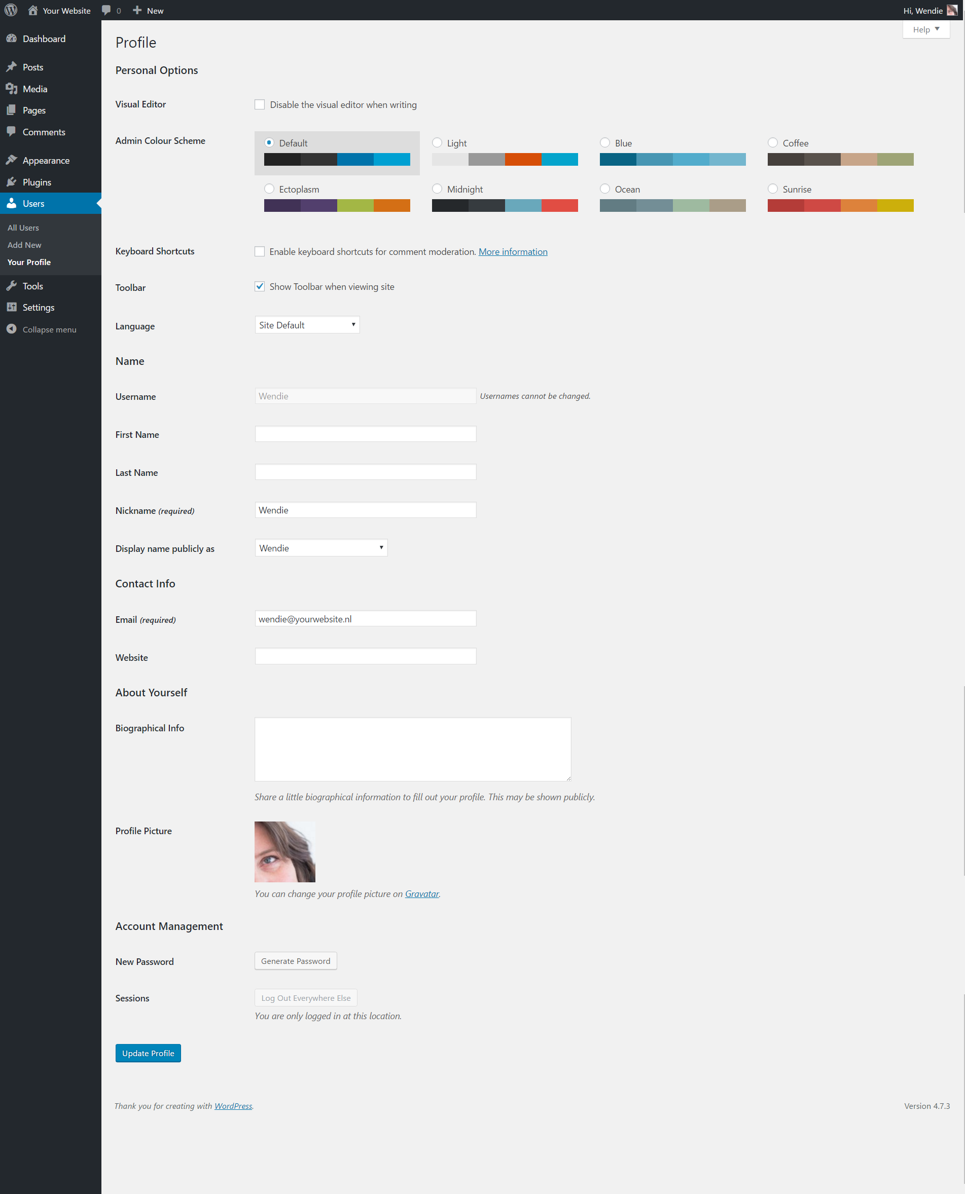 The User > Profile page in the admin dashboard