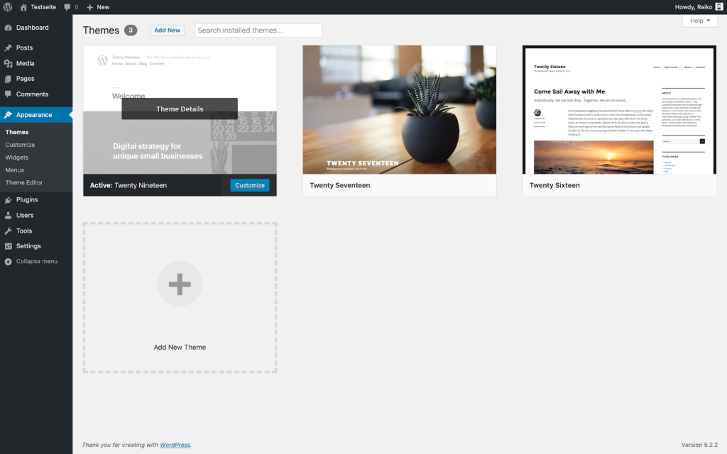 The 'Themes' page in the admin dashboard