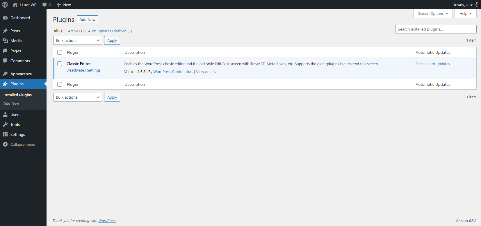 The 'Plugin' page list of installed plugins
