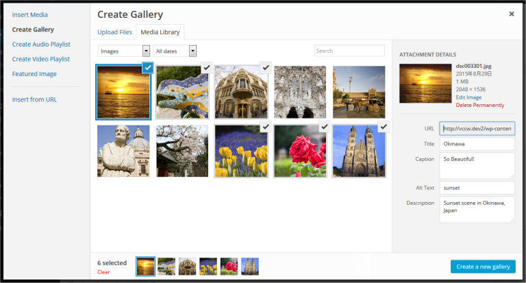 Media Library selecting images to appear in gallery