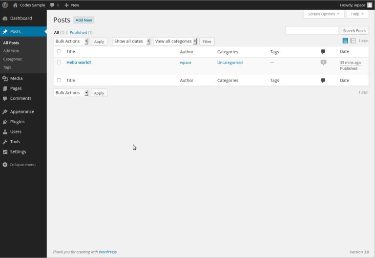WordPress administration post list screen