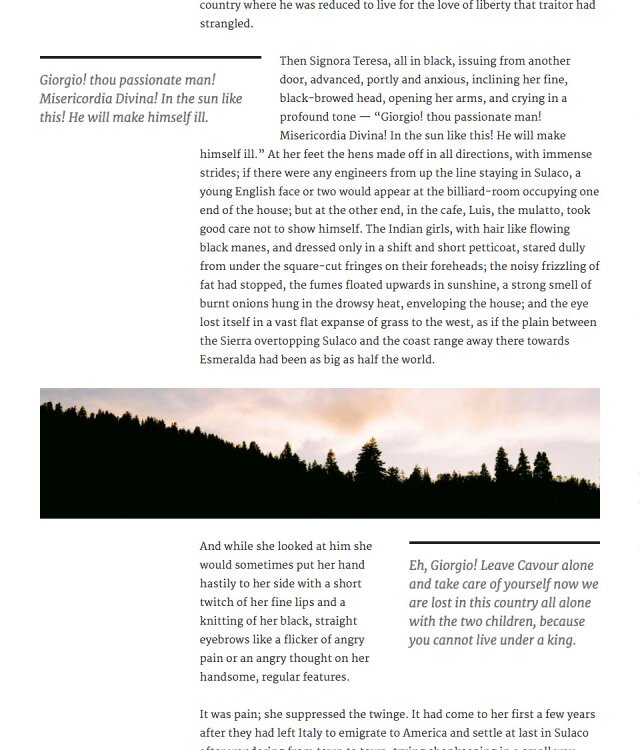 A screenshot of a large section of text with two pullquotes: One left aligned that extends outside of the main column, and a right aligned that is aligned with the right side of the main text column.