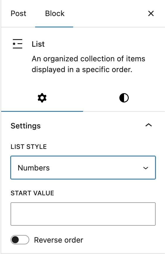 Ordered list settings
