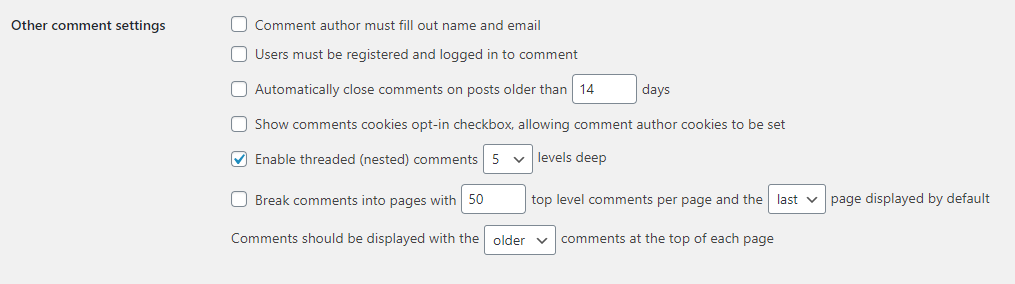 Other comments options on the 'Settings' page of the admin dashboard