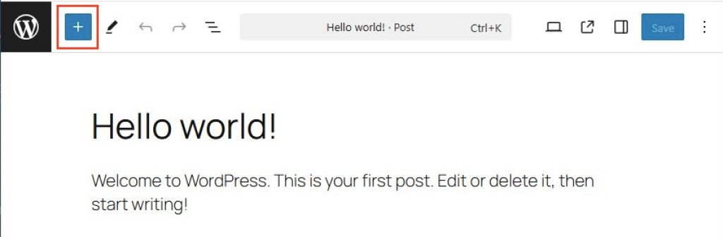 The editor with icons displayed at the top, above the page content