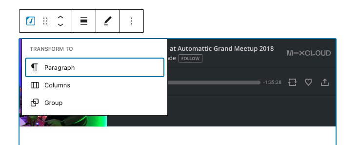 Block transform options for the Mixcloud embed