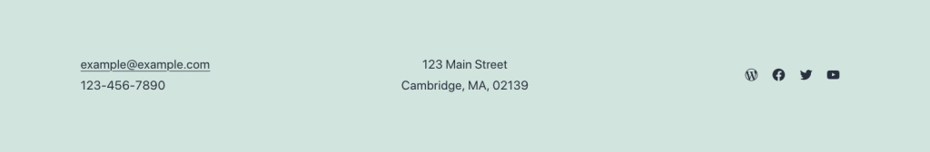 The contact information pattern has 3 columns that contains email and phone number, address and social media links with icons.