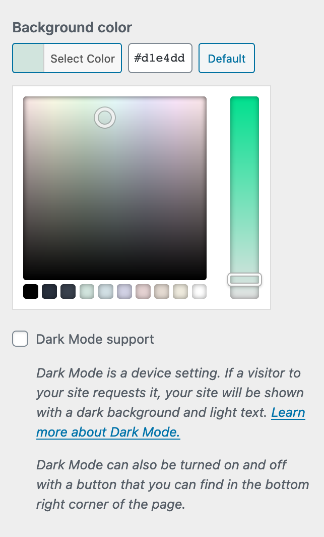 The Dark Mode option in the Customizer.