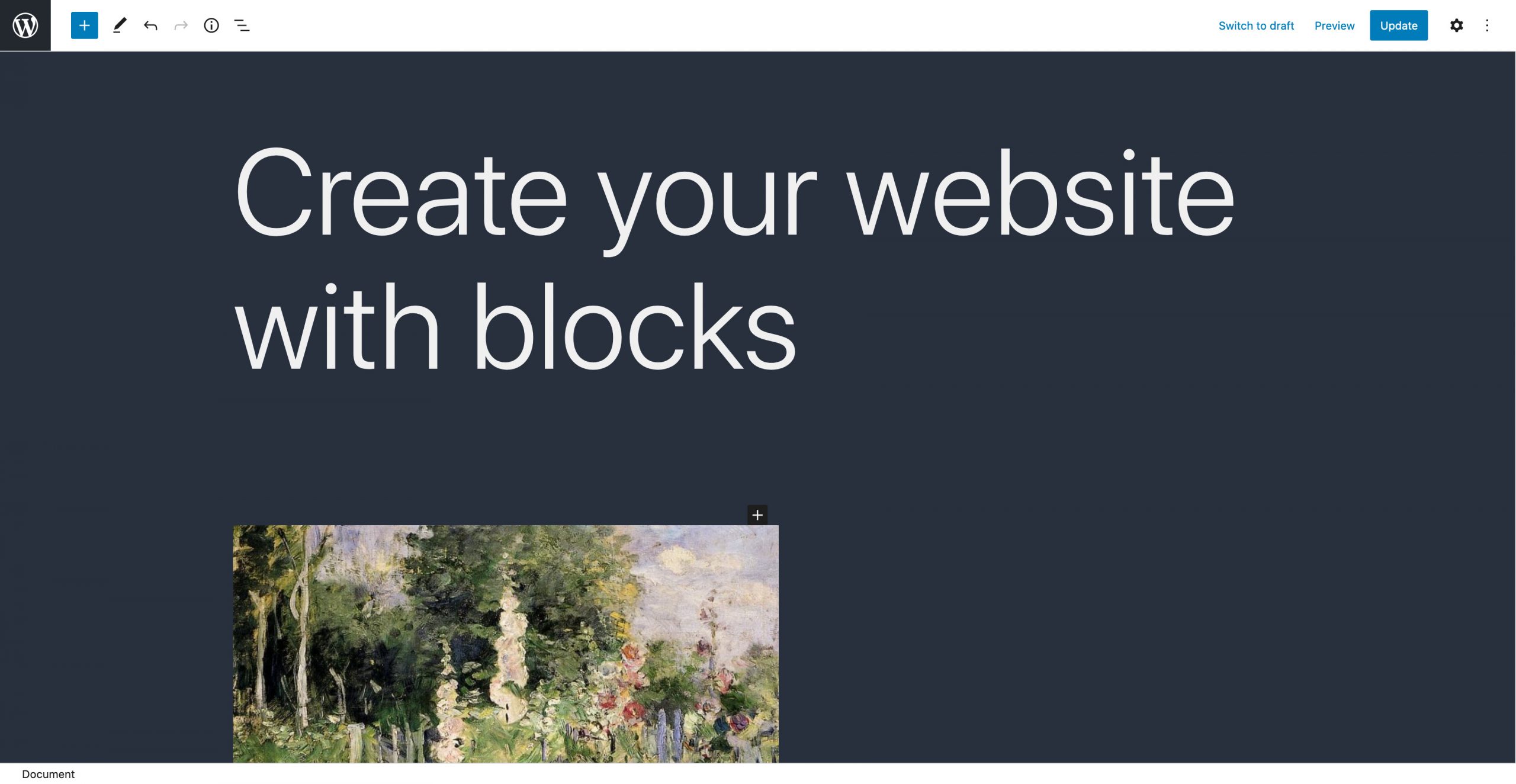 The post editor with Dark Mode enabled. The background color is dark grey and the text is white,