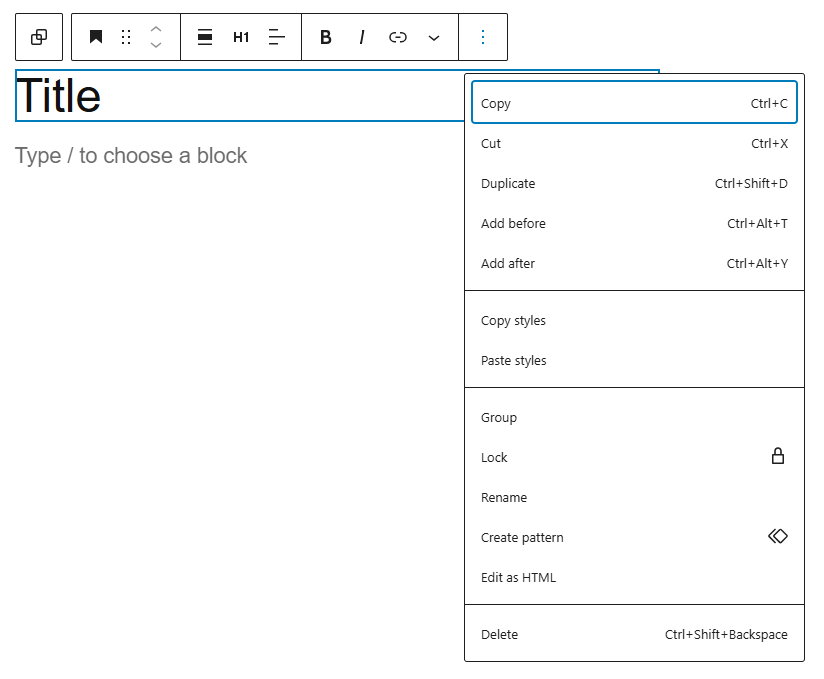 You can use the Copy option to copy your block and paste it elsewhere on a post/page.