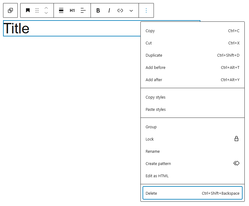 You can use the Delete option to delete a block from the content.