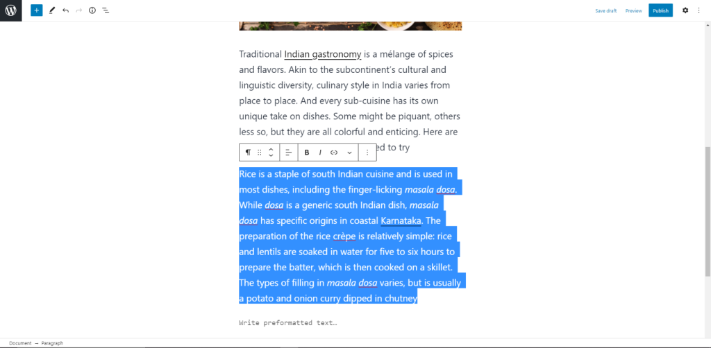 Visual editor screen with focus on block toolbar