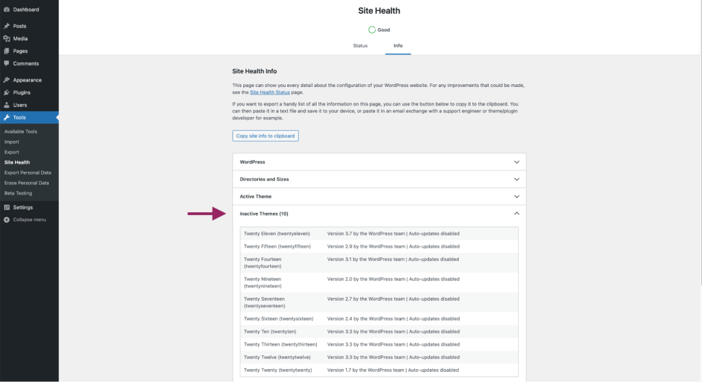 Inactive Themes tab in Site Health Info Screen