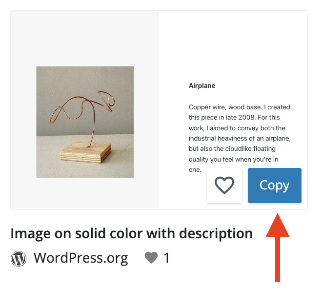 Image of a pattern in the pattern directory with the copy button visible and highlighted with a red arrow.