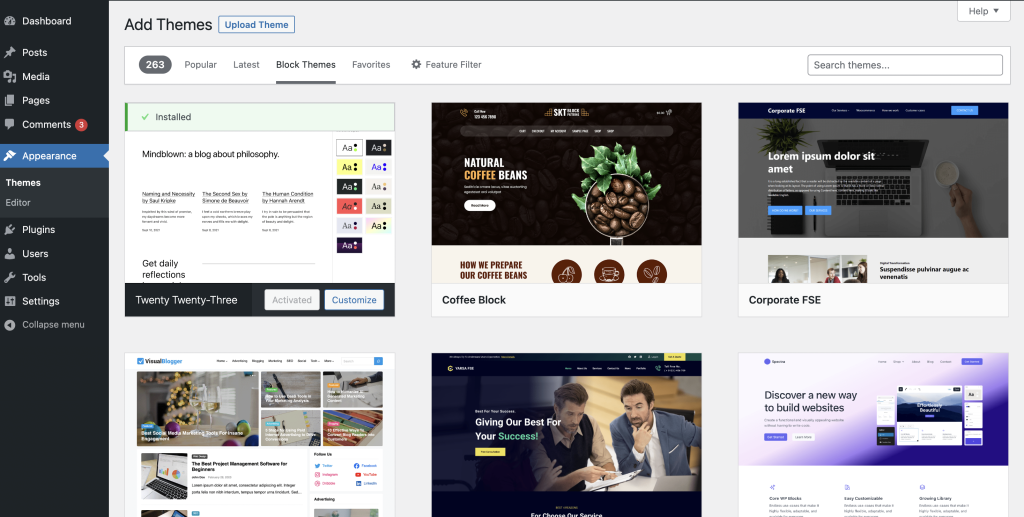 Appearance > Themes showing block theme options