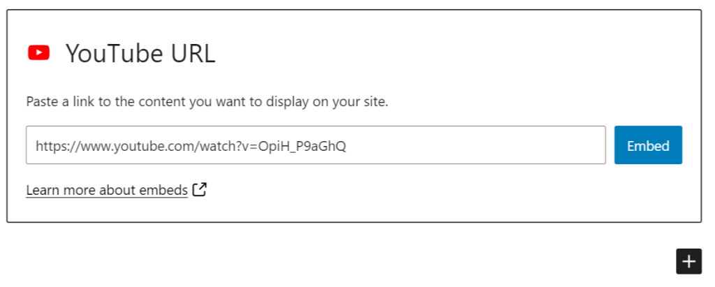 YouTube URL paste example into block