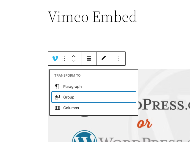 Transform option in the vimeo block