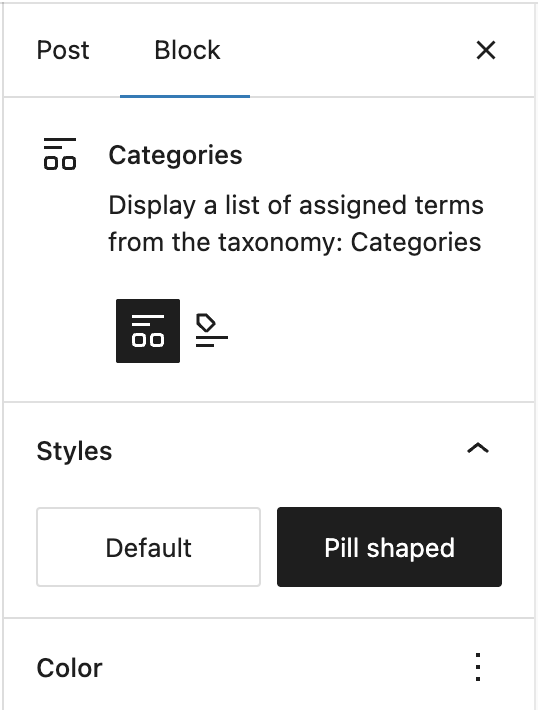 Categories block settings