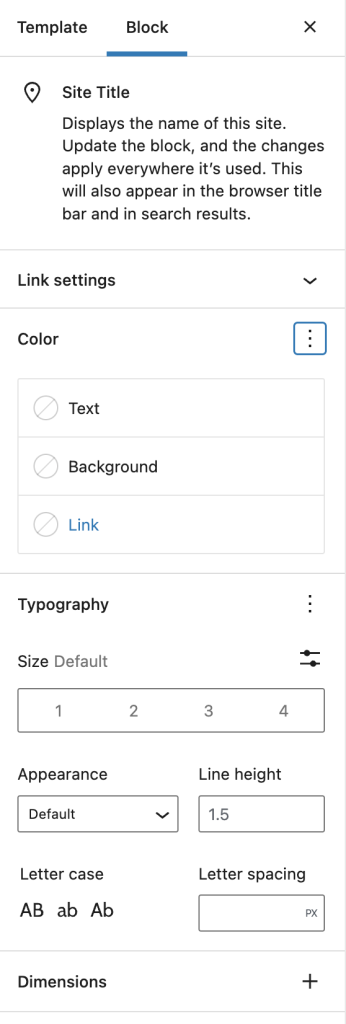 Block Settings in the Site Title Block