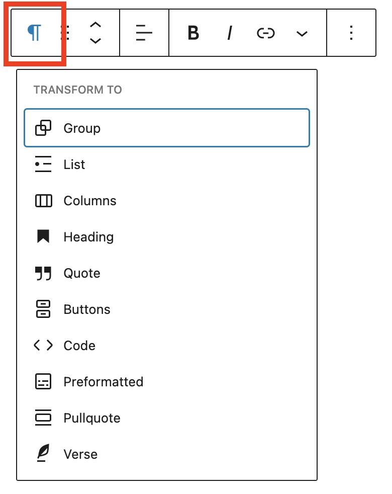 Block Toolbar for the paragraph block with an emphasis on the "transform to" option with everything a paragraph can be transformed to.