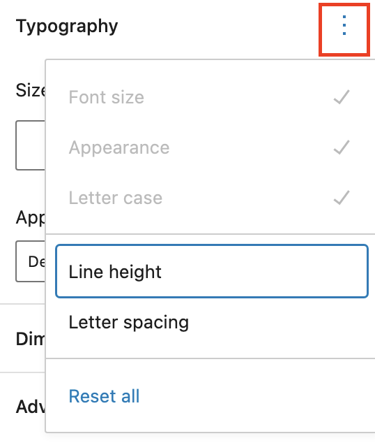 Typography settings in the Heading block