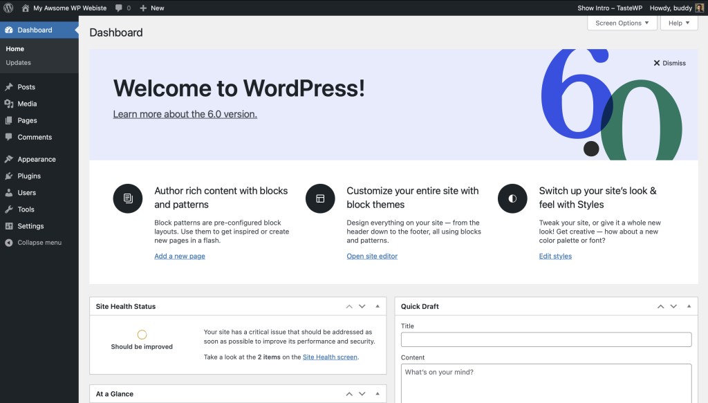 Admin Dashboard home page