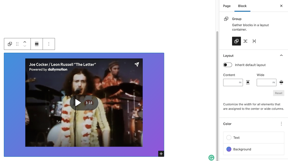 Example of transforming Dailymotion block to group and updating the background to gradient.