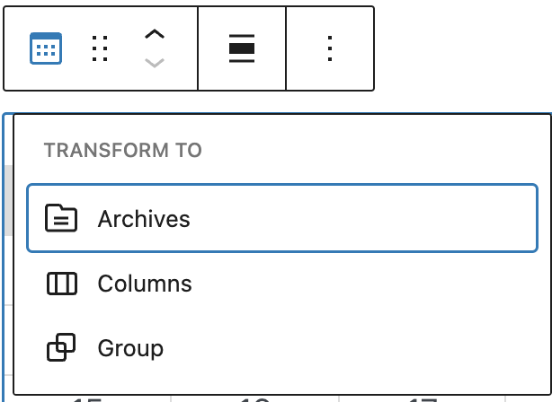 Transform option in the Calendar block