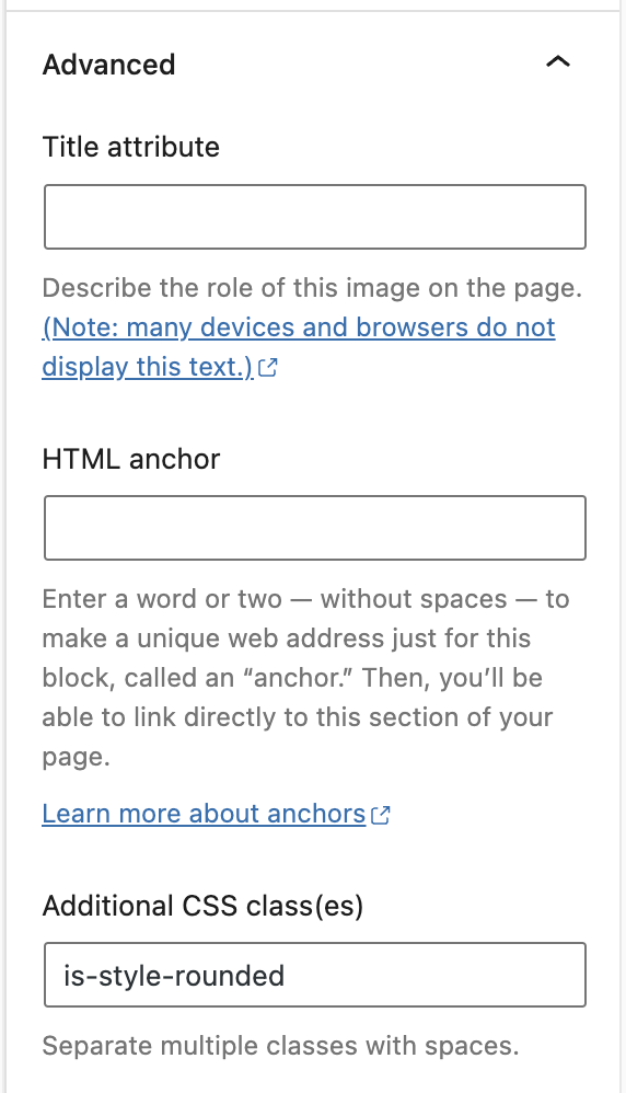 The advanced settings for the image block