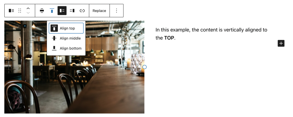 Example of "align top" in the change vertical alignment option for the media & text block.