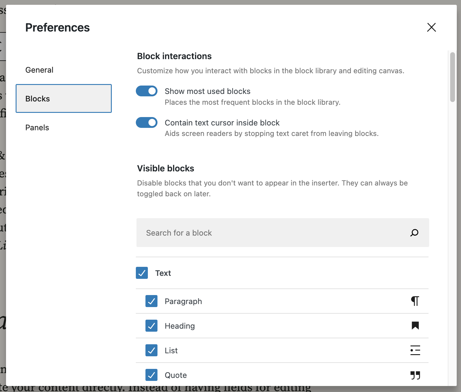 Blocks tab in the Preferences in WordPress Block Editor