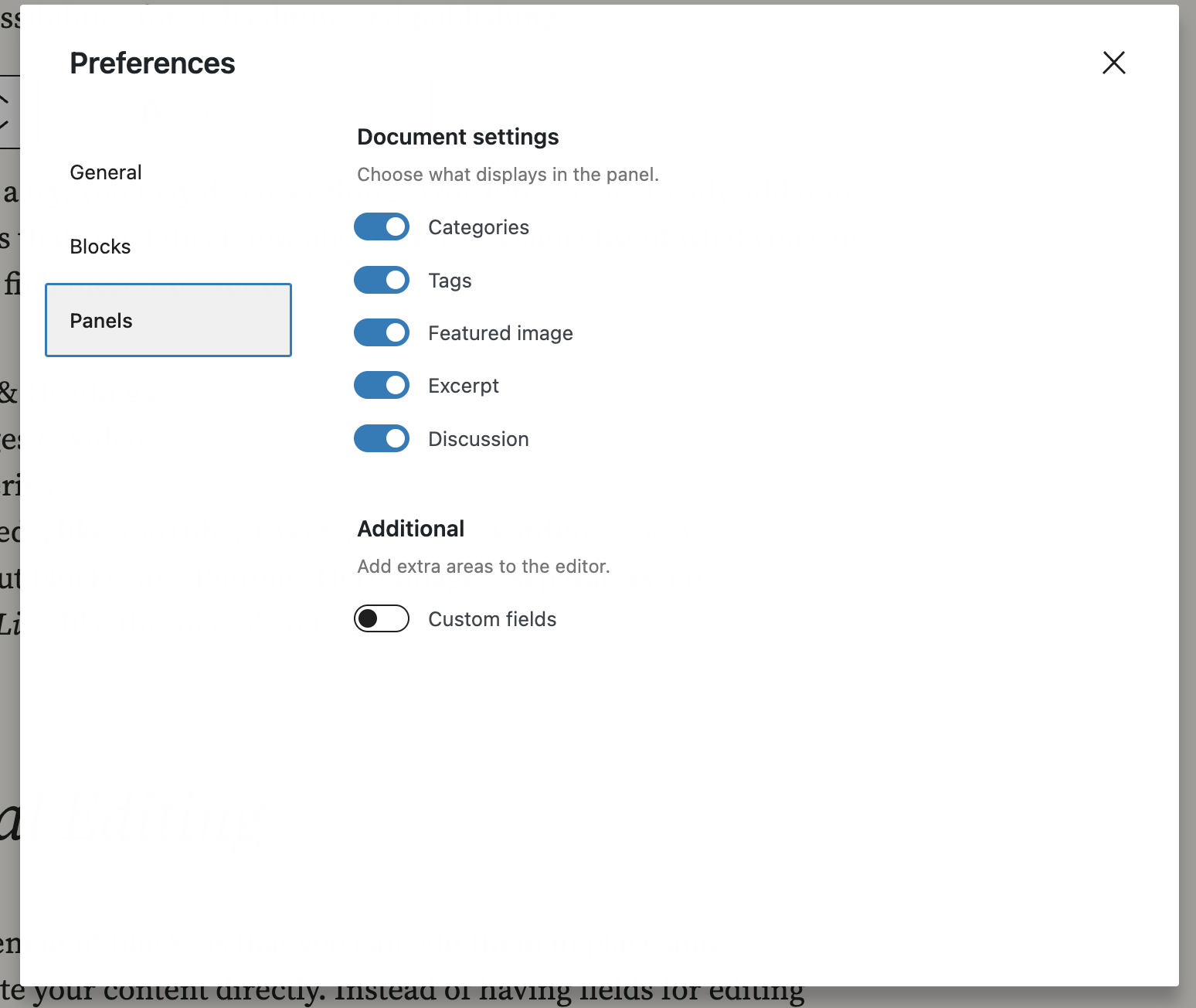 Panels tab in the Preferences in WordPress Block Editor