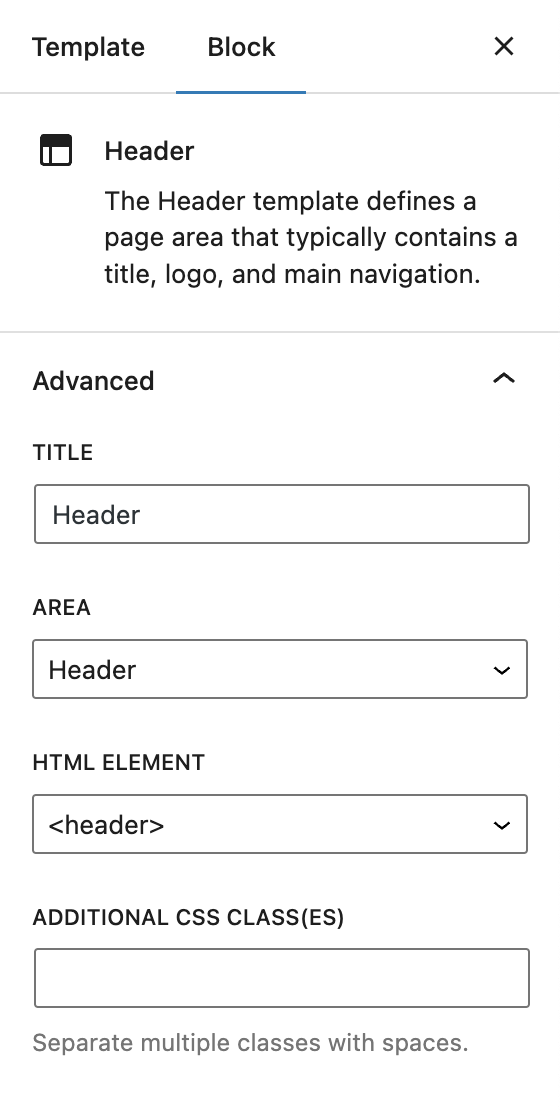 Customizing the template part in the sidebar settings