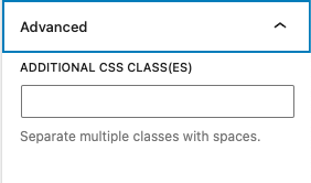Advanced setting in excerpt block shows a text field to add CSS class.