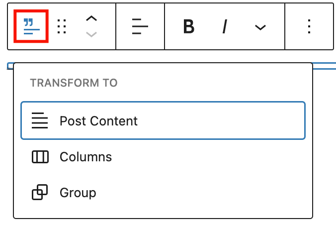 Transform to is the first option from left in Excerpt block toolbar.