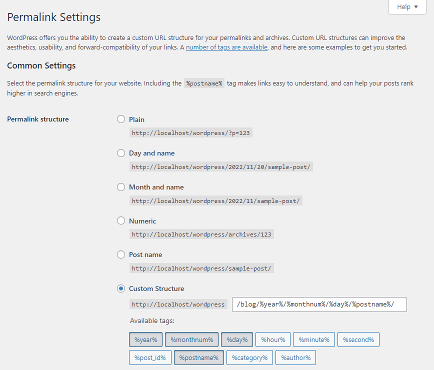 WordPress permalink settings screen