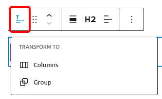 Block Toolbar for the post title block with an emphasis on the "transform to" option with everything a post title can be transformed to.