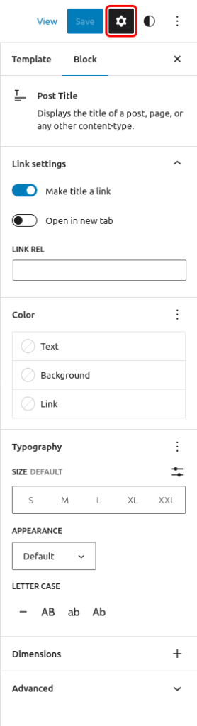 Block Settings Sidebar with an emphasis on the "settings" button in the Editor Top Bar