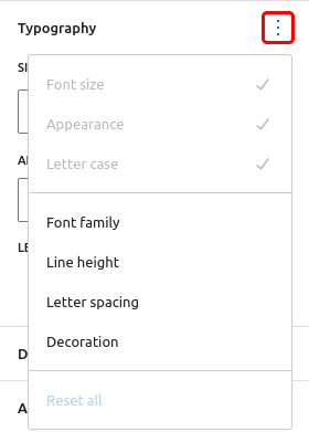 Typography Options panel in the Block Settings Sidebar with an emphasis on the "more (3 dots)" button
