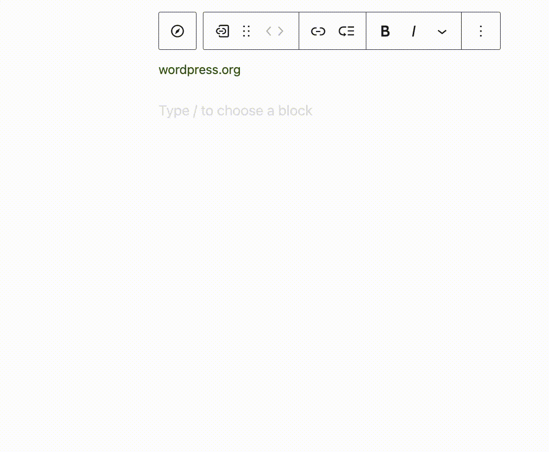 The toolbar with a Custom Link block editing process containing typing a title, selecting to open in a new tab, and demonstrating the unlink option.