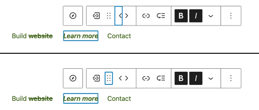 Two toolbars with the Move option and example of a Custom Link block and with the Drag tool featured with three blocks.