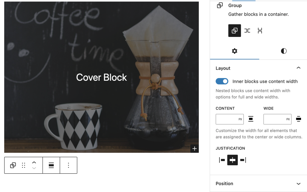 Editor view of cover as a Group with Color settings controls
