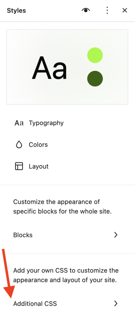 Additional CSS option visible from the main Style interface with a red arrow pointing to it to highlight the location.