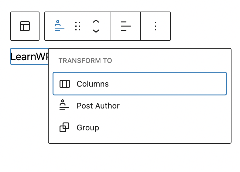 Transform menu for Post Author Name block.