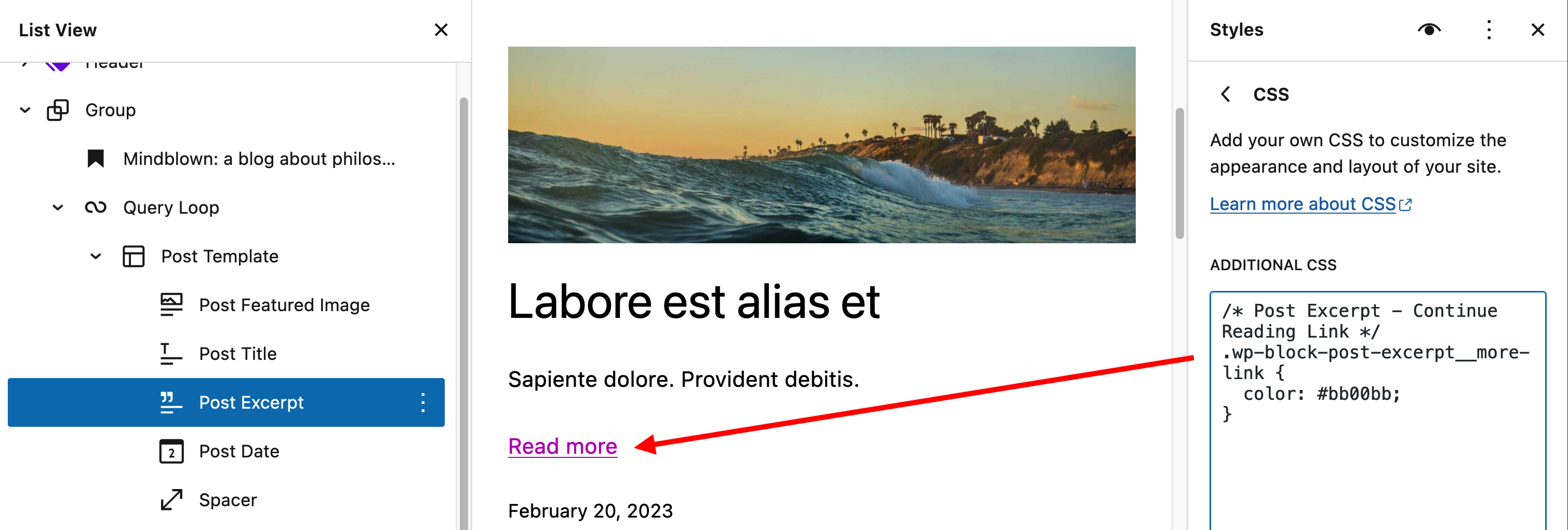 Screenshot of Additional CSS panel with an example of CSS to change the colour of the Post Excerpt's Continue Reading Link