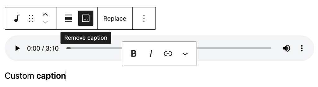 The Remove caption option is in the block toolbar next to the alignment options.