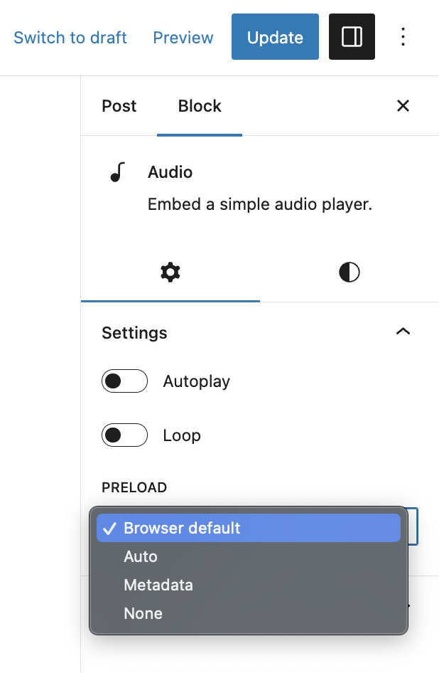 The audio settings for the audio block are in the block settings sidebar.