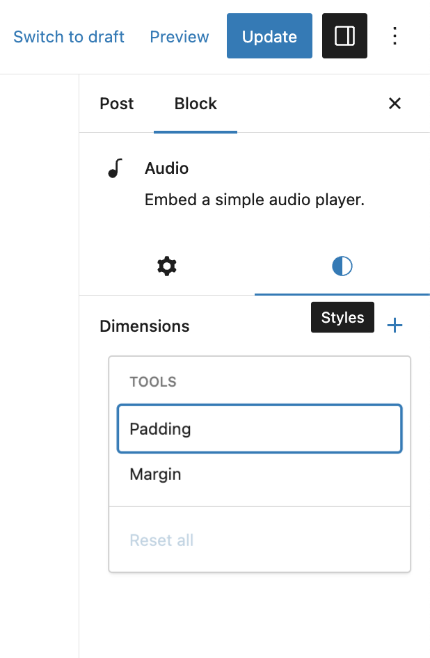 The style settings for the audio block are in the Styles tab in the block settings sidebar.