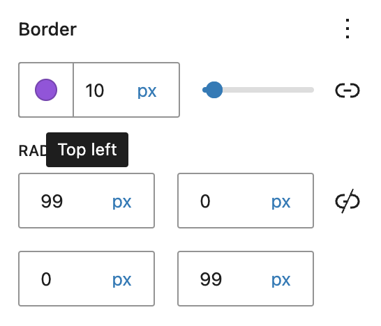The border-radius control has labels indicating which corner of the block you are changing: Top left, top right, and so on.